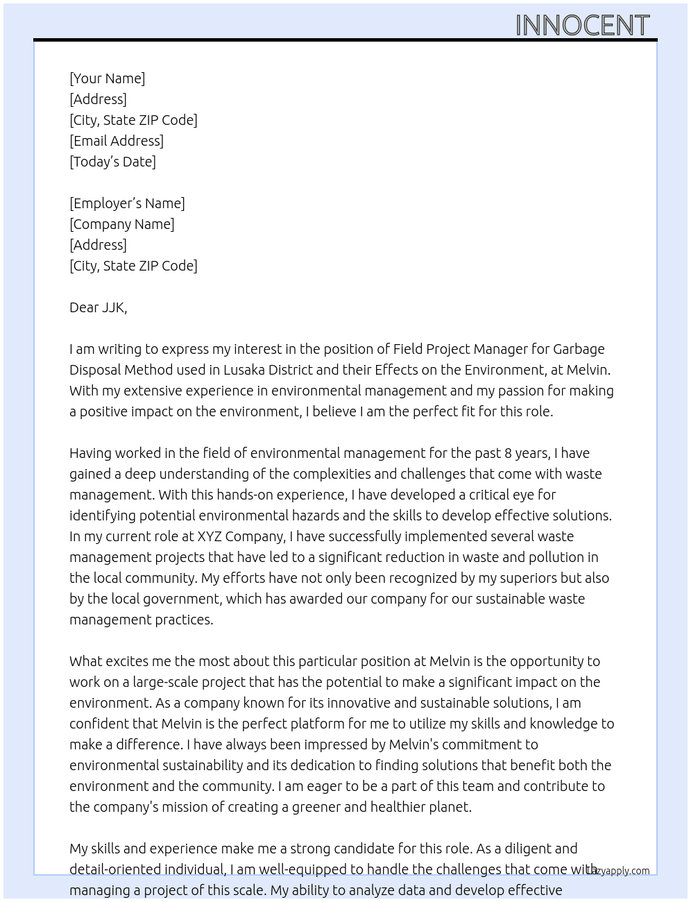field project garbage disposal method used in lusaka district and their effects on the enviroment At melvin Cover Letter