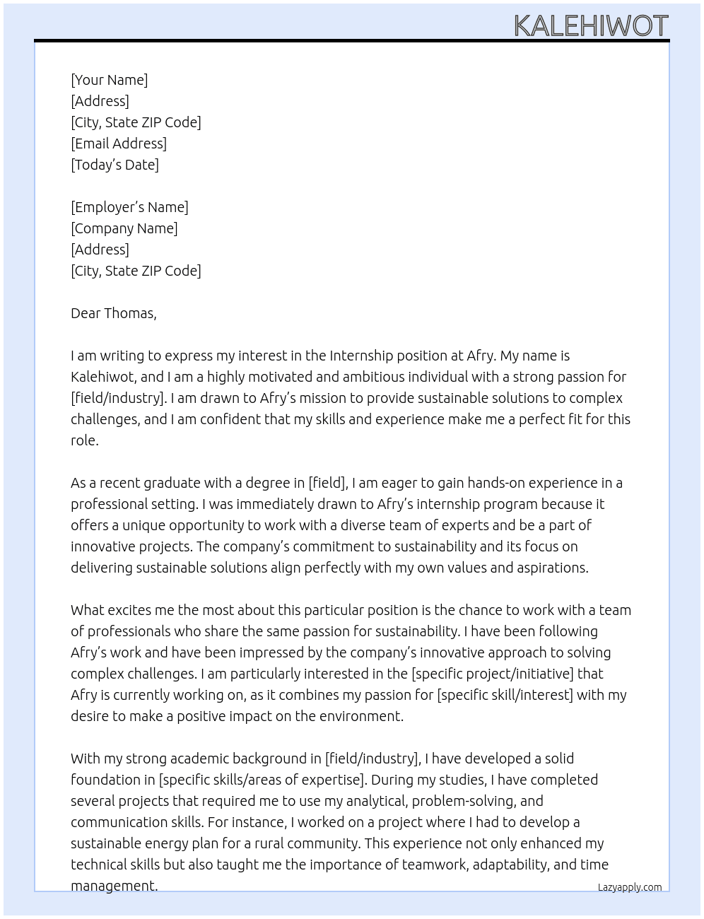 Internship  At Afry Cover Letter