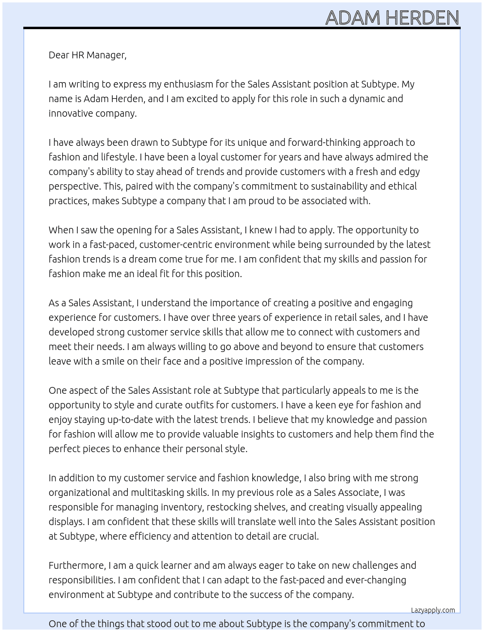 Sales Assistant At Subtype Cover Letter