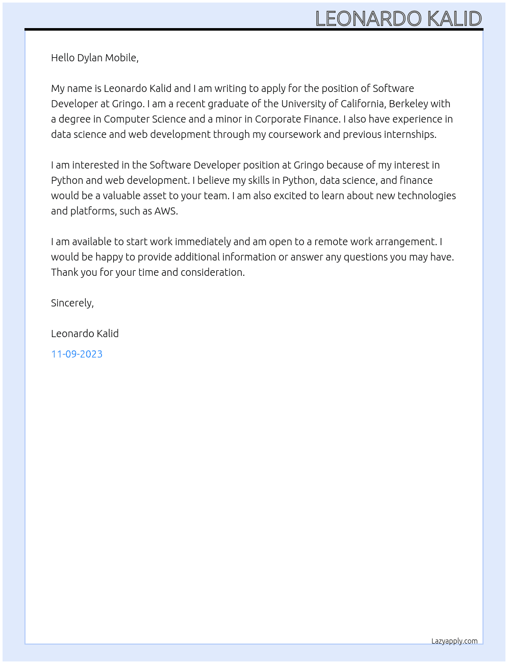 Software Developer At Gringo Cover Letter