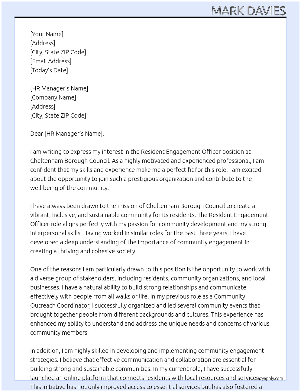resident engagement officer At Cheltenham Borough Council Cover Letter