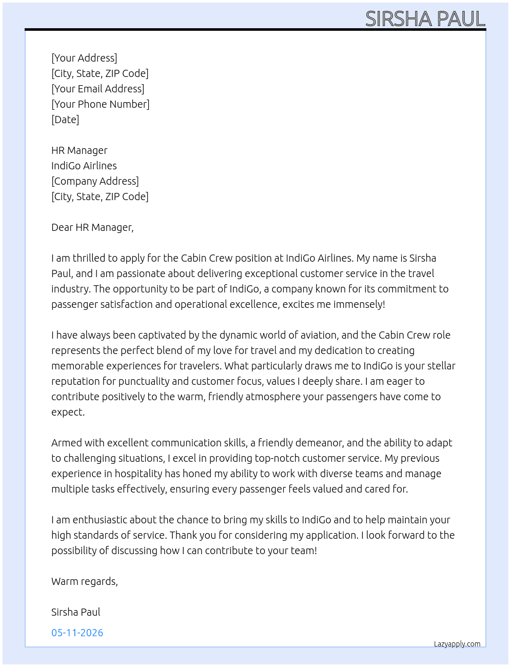Cabin crew At Indigo Cover Letter