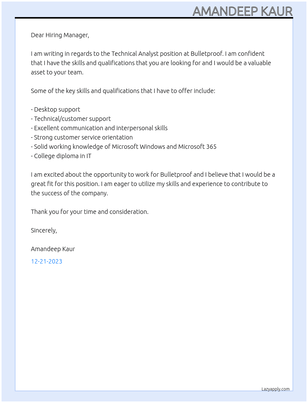 Technical Analyst  At Bulletproof Cover Letter