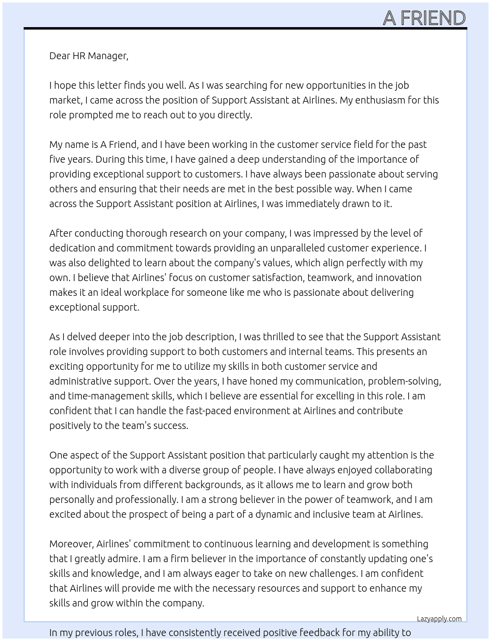 Support Assistant At Airlines Cover Letter