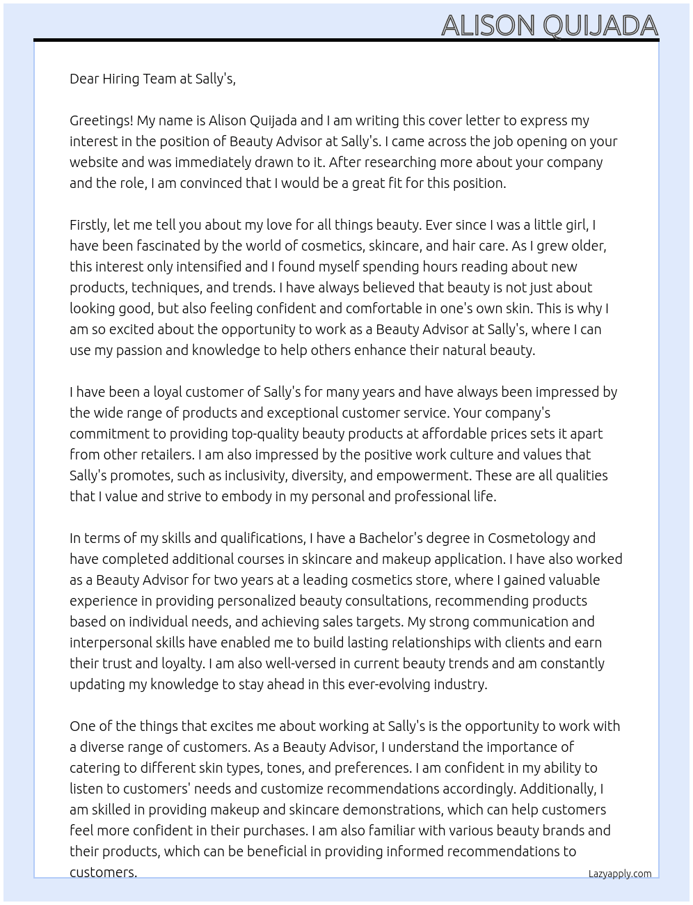 Beauty Advisor At Sally’s Cover Letter