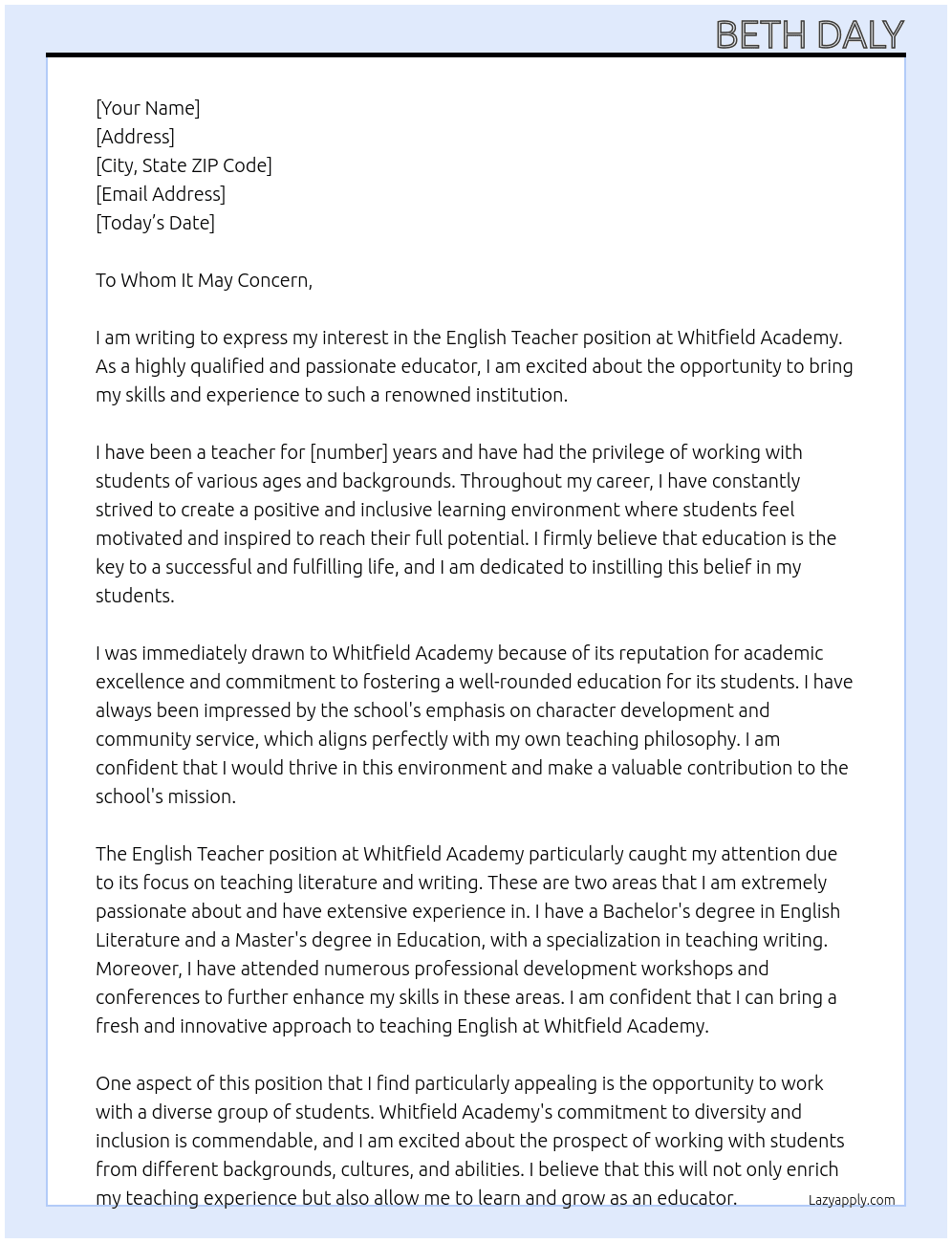 English Teacher At Whitfield Academy Cover Letter
