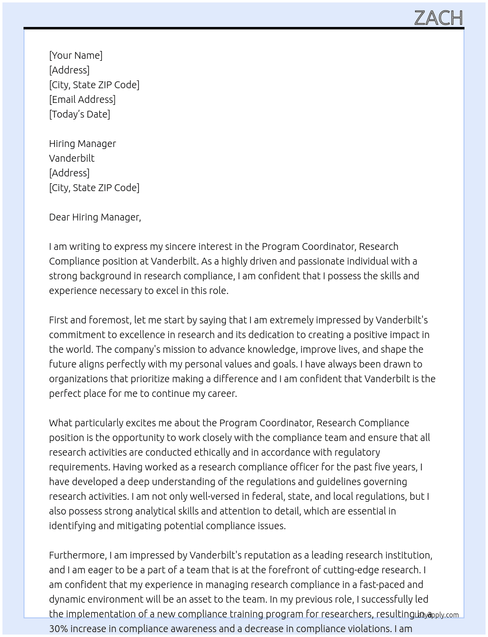 Program Coordinator, Research Compliance At Vanderbilt Cover Letter