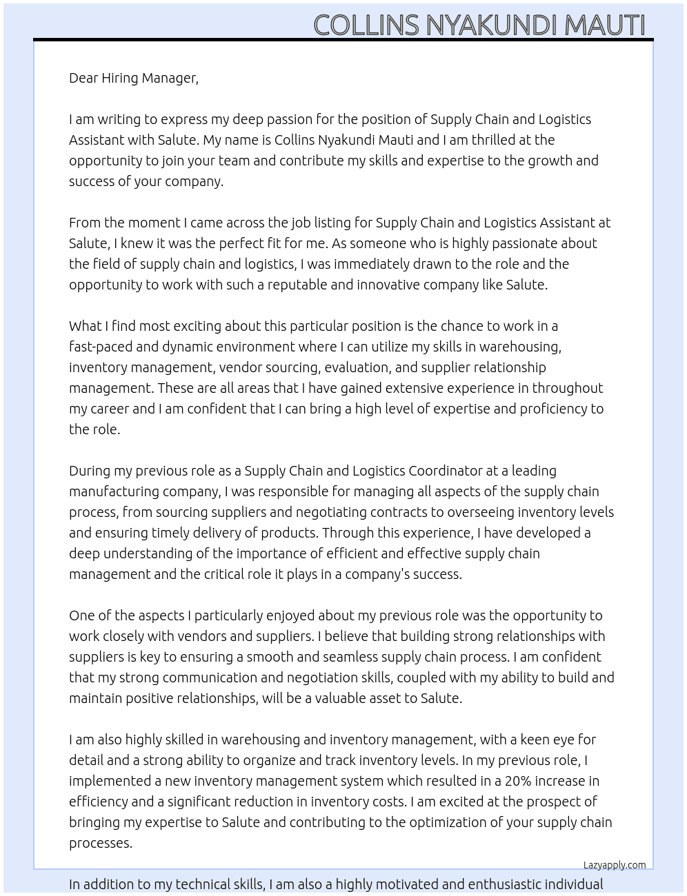 Supply Chain and logistics assistant  At Salute  Cover Letter