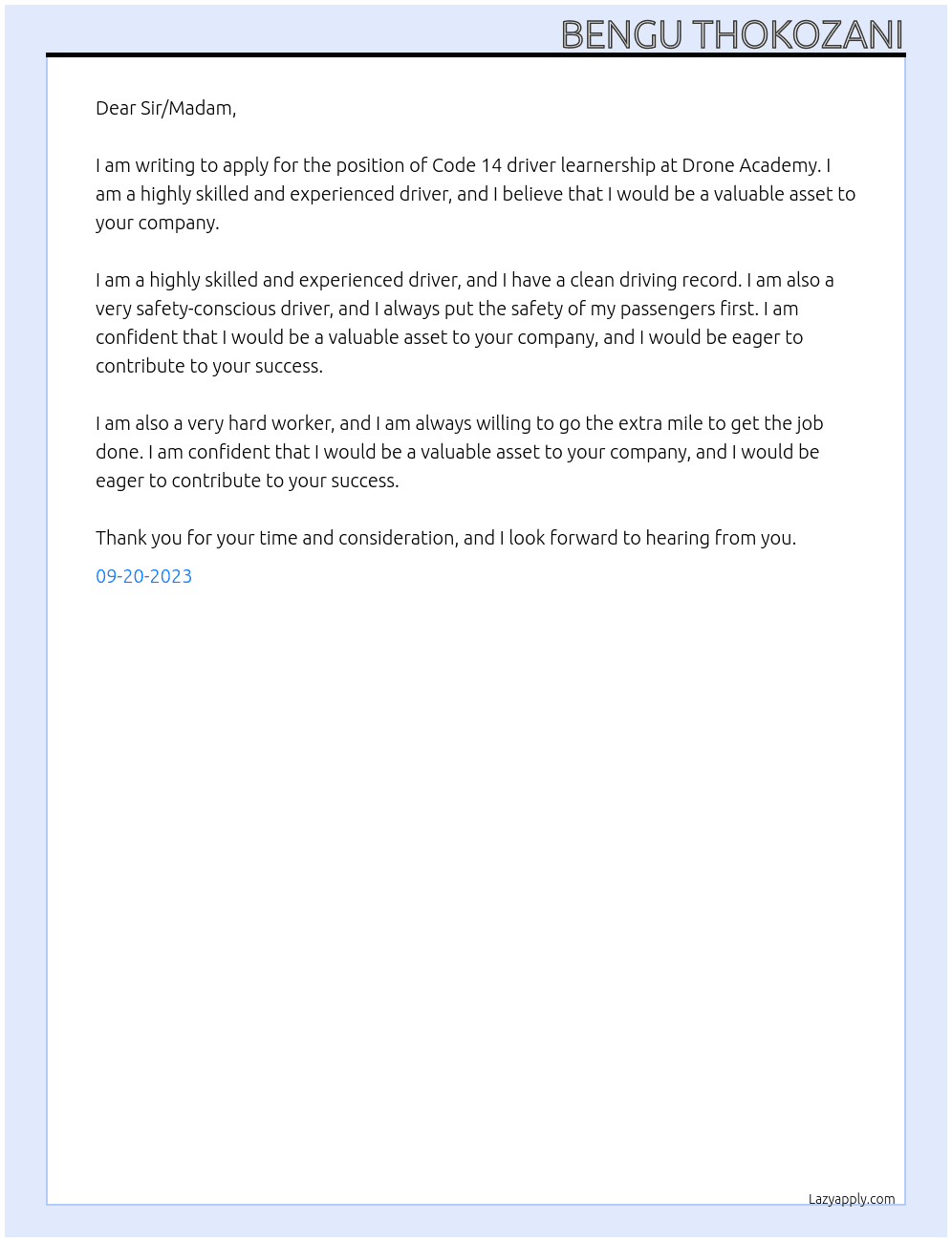 Code 14 driver learnership  At Drone academy Cover Letter