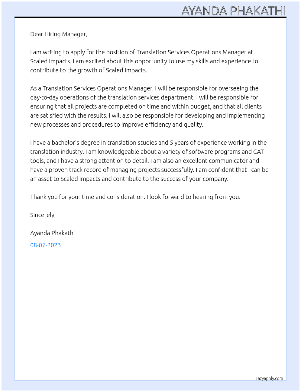 Translation Services Operations Manager At Scaled Impacts Cover Letter