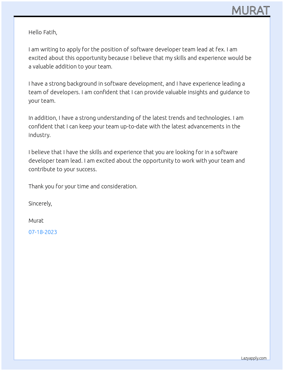 software developer At fex Cover Letter