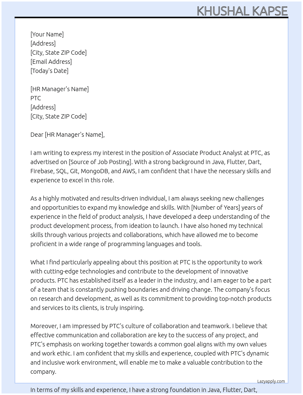 Associate Product Analyst At PTC Cover Letter