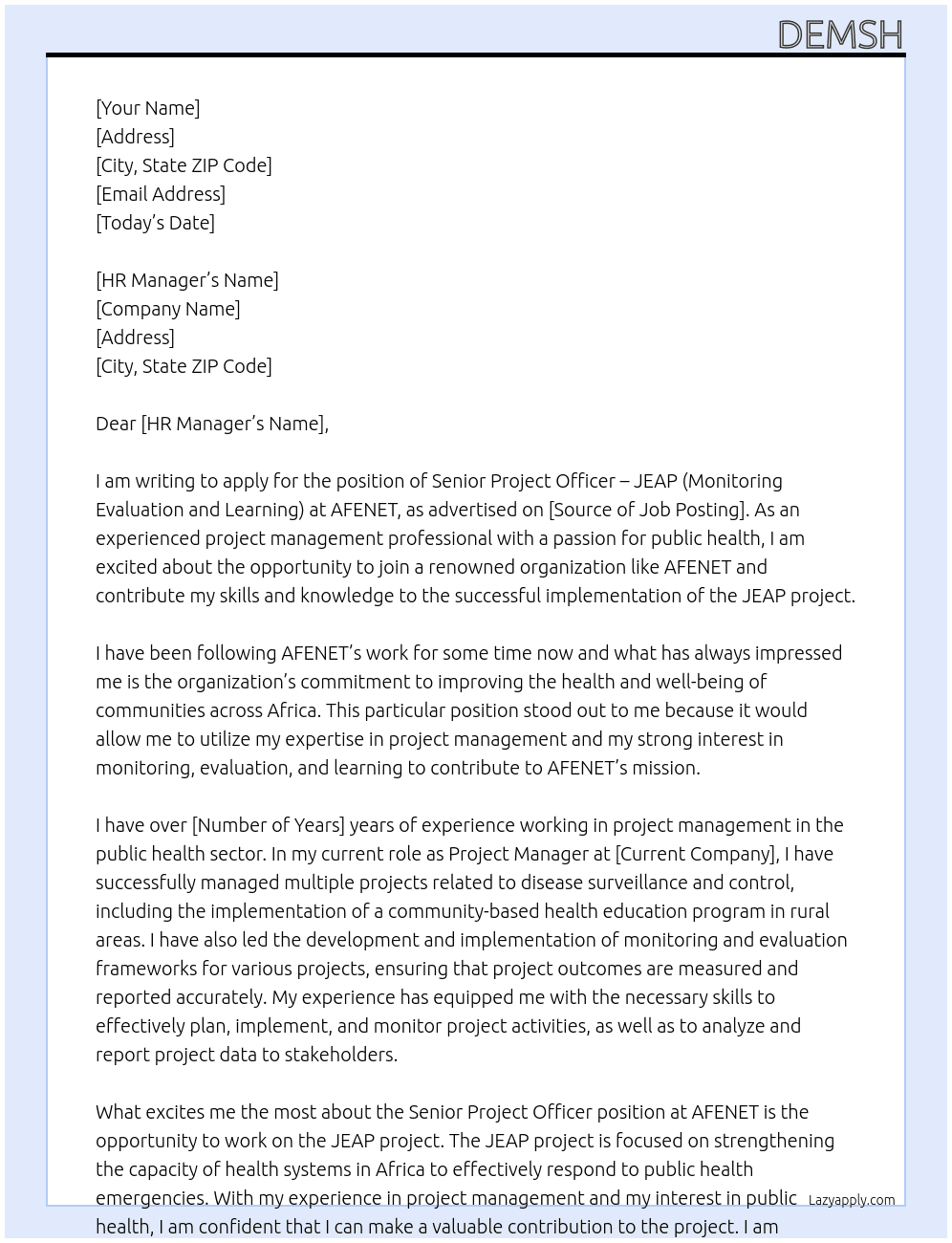 Senior Project Officer – JEAP (Monitoring Evaluation and Learning) - REF: AFE\SPO\02092024 At AFENET Cover Letter