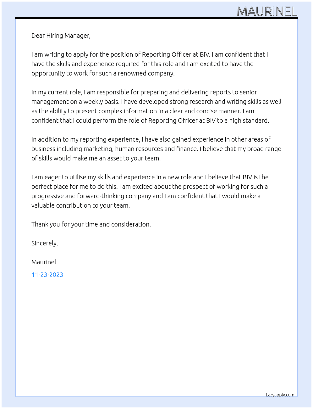 Reporting Officer At BIV Cover Letter