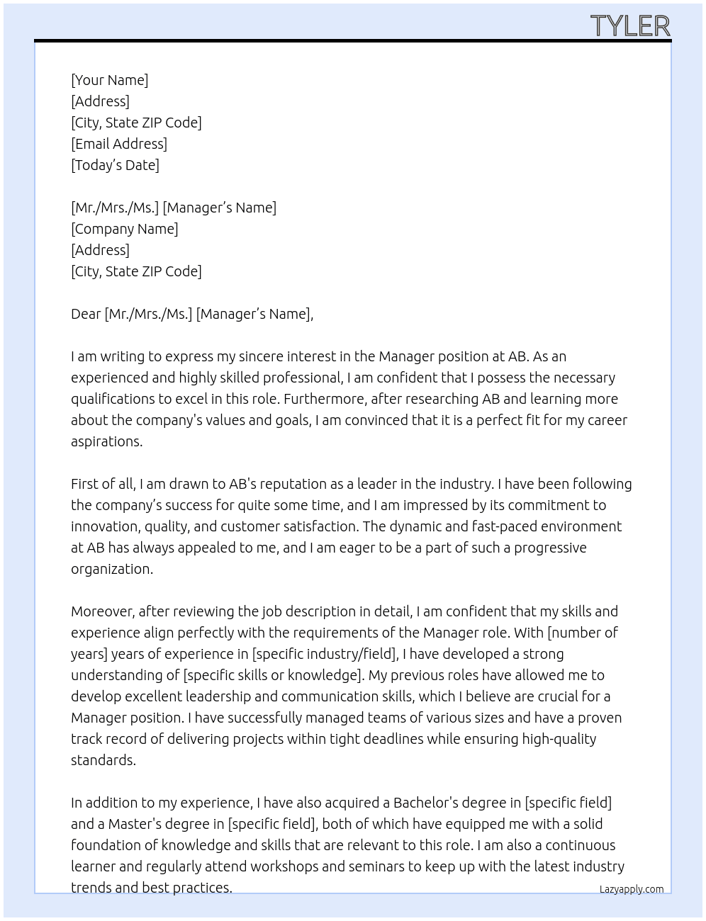 Manager At AB Cover Letter