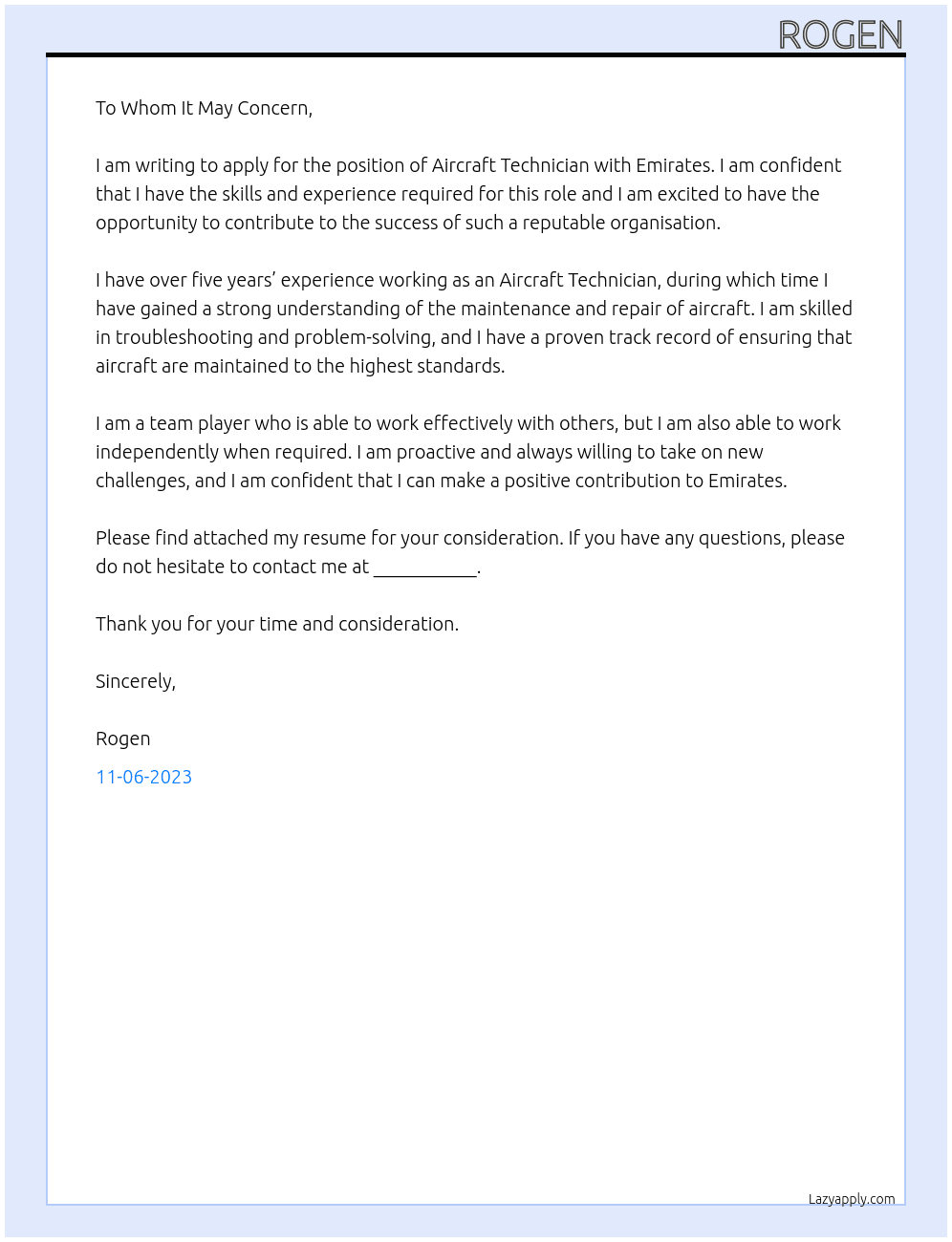 Aircraft Technician At Emirates Cover Letter