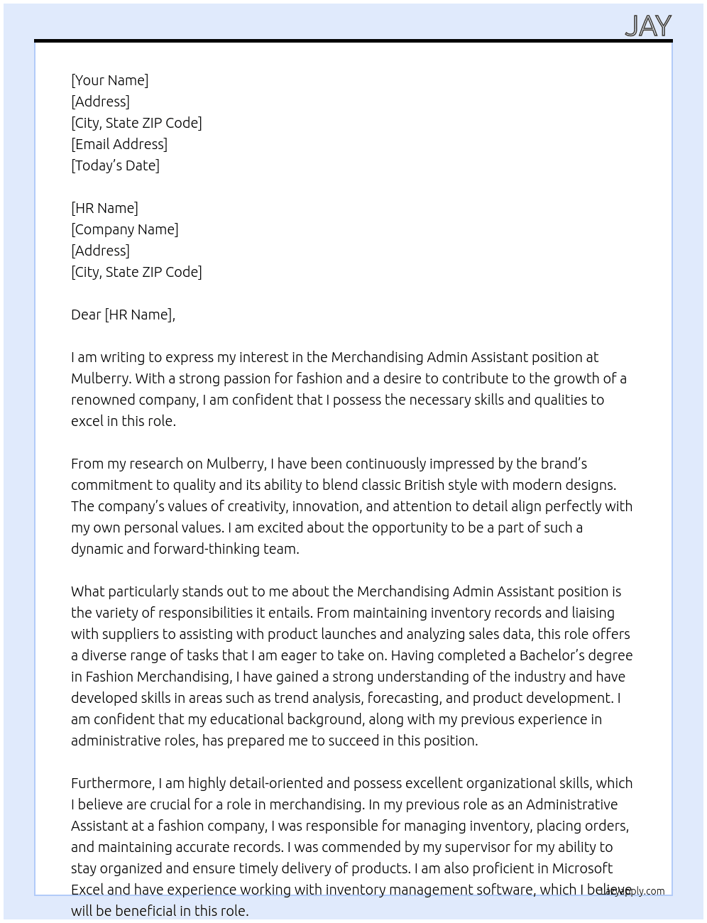 Merchandising Admin Assistant At Mulberry Cover Letter
