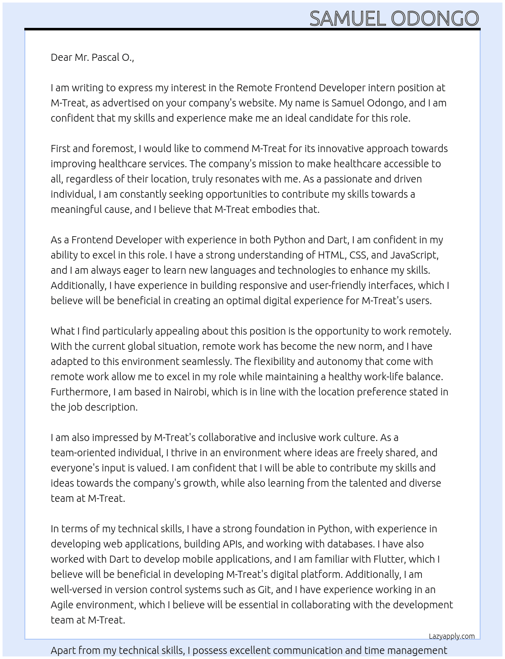 Remote Frontend Developer intern At M-Treat Cover Letter