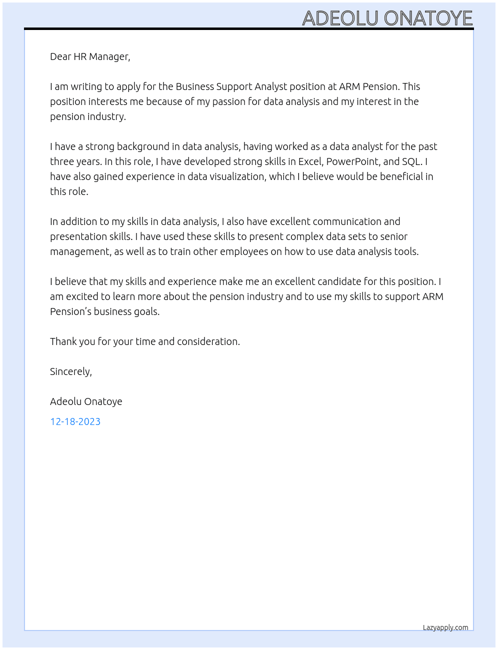 Business Support Analyst At ARM Pension Cover Letter