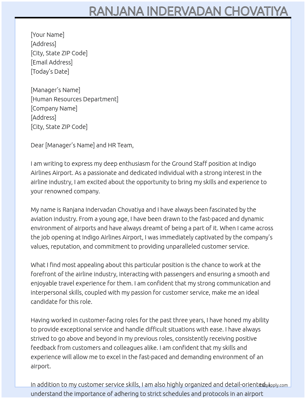 Ground staff  At indigo airlines airport  Cover Letter