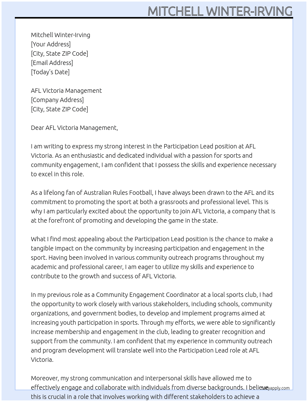 Participation Lead At AFL Cover Letter