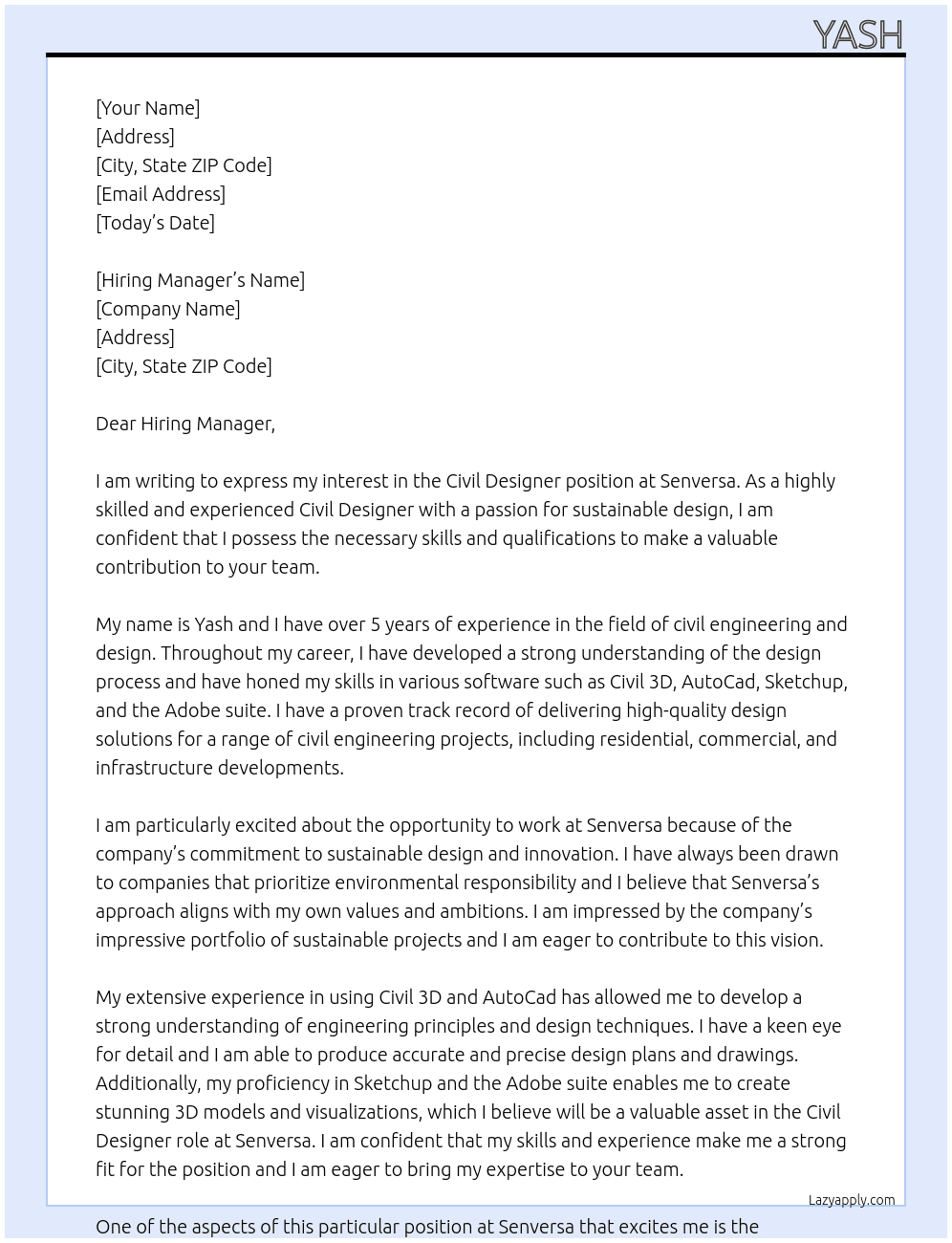 Civil designer At Senversa Cover Letter