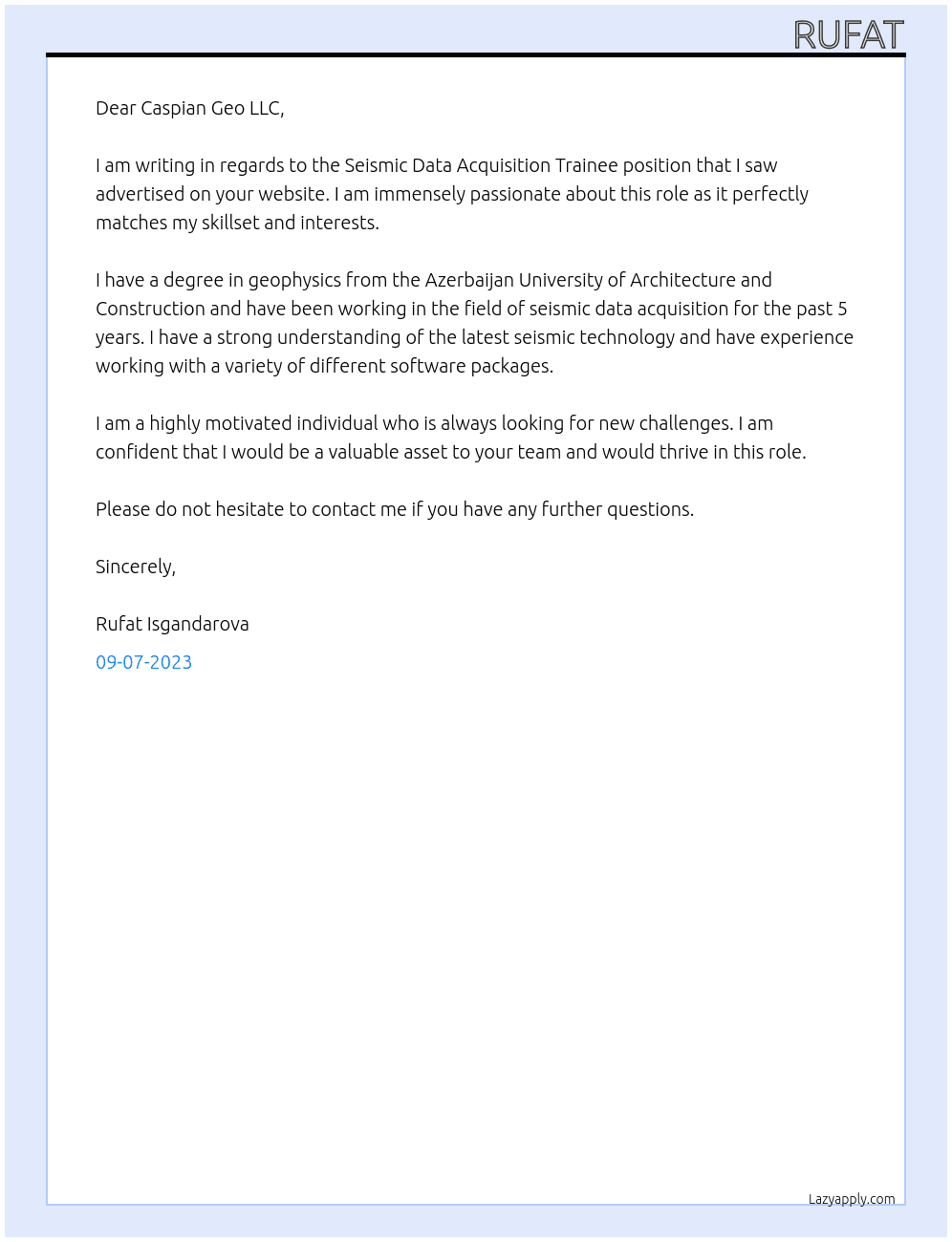 Seismic Data Acqusition Trainee At Caspian Geo LLC Cover Letter