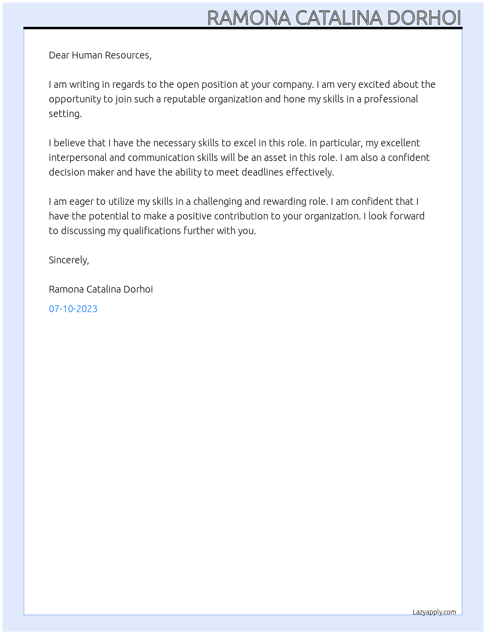 open position  At  company Cover Letter