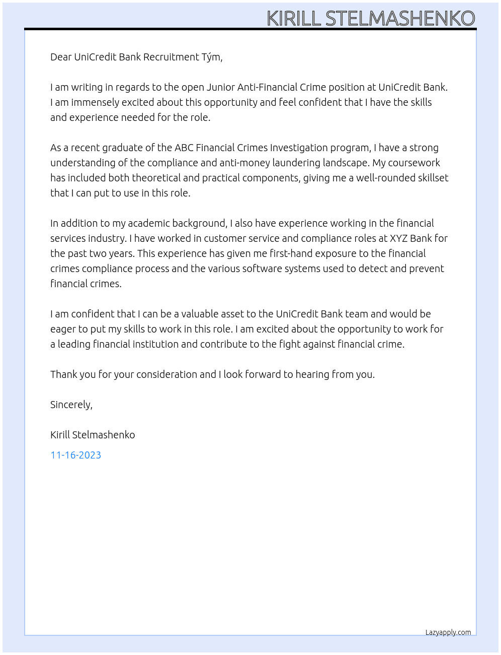 Junior Anti-Financial Crime At UniCredit Bank  Cover Letter
