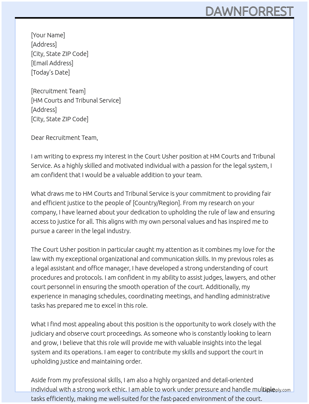 Court Usher At HM Courts and Tribunal Service Cover Letter