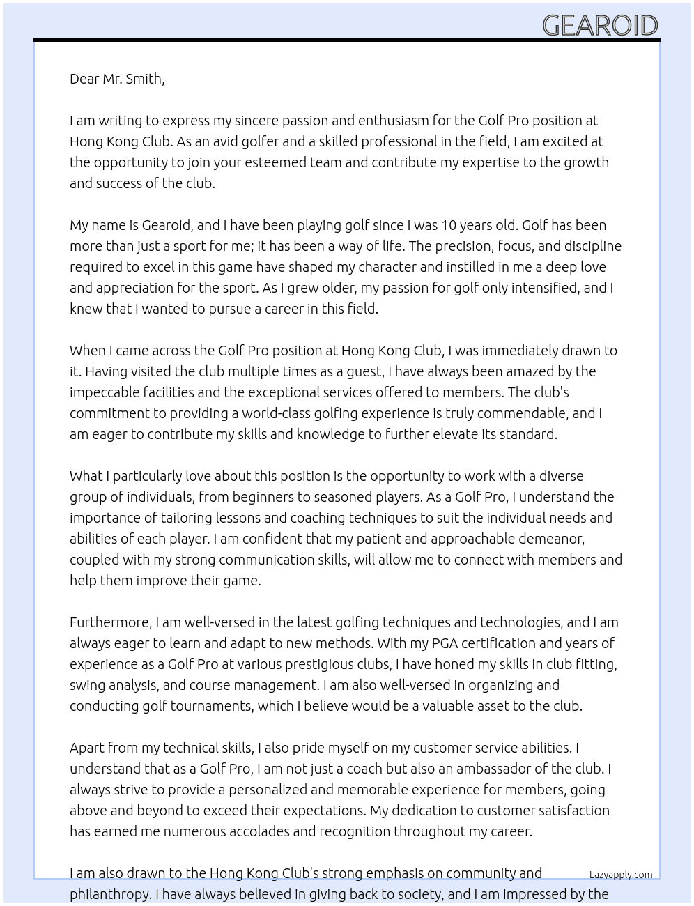 Golf Pro At Hong Kong Club Cover Letter