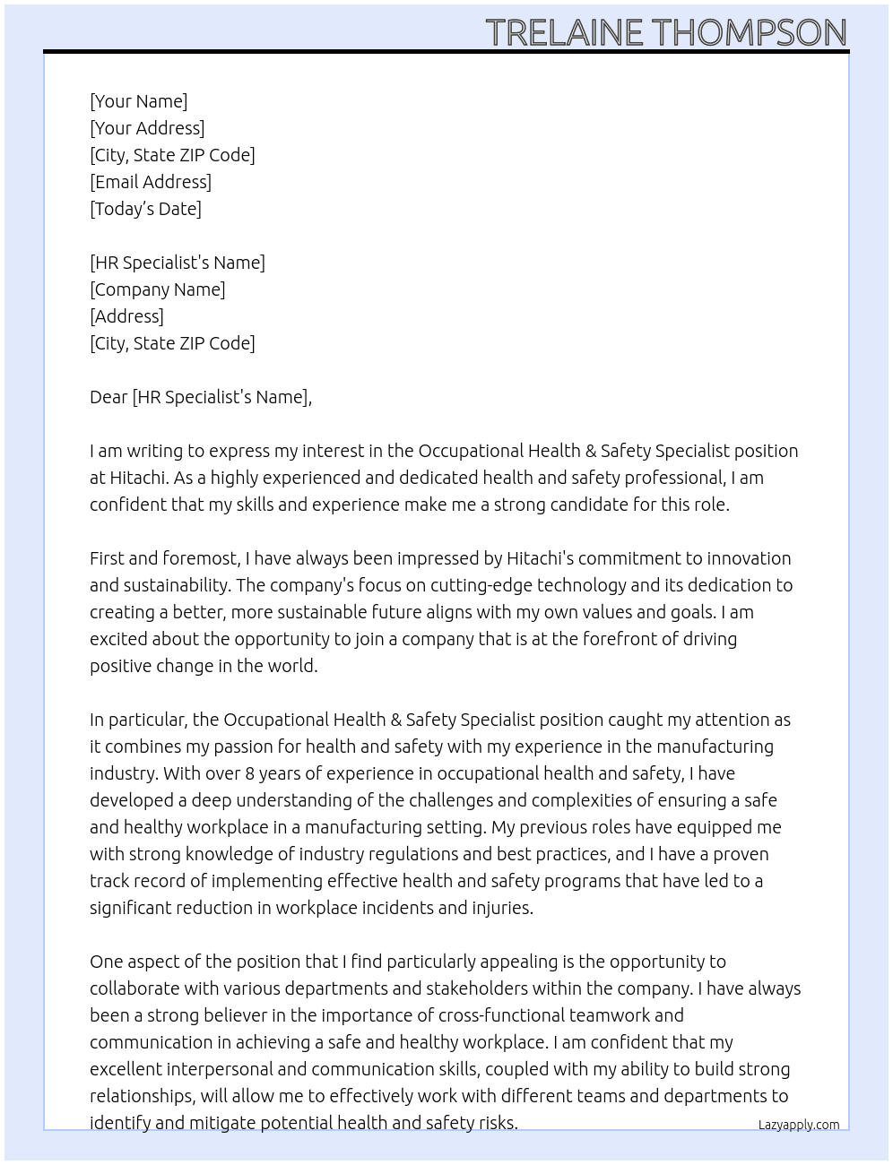 Occupational Health & Safety Specialist At Hitachi Cover Letter