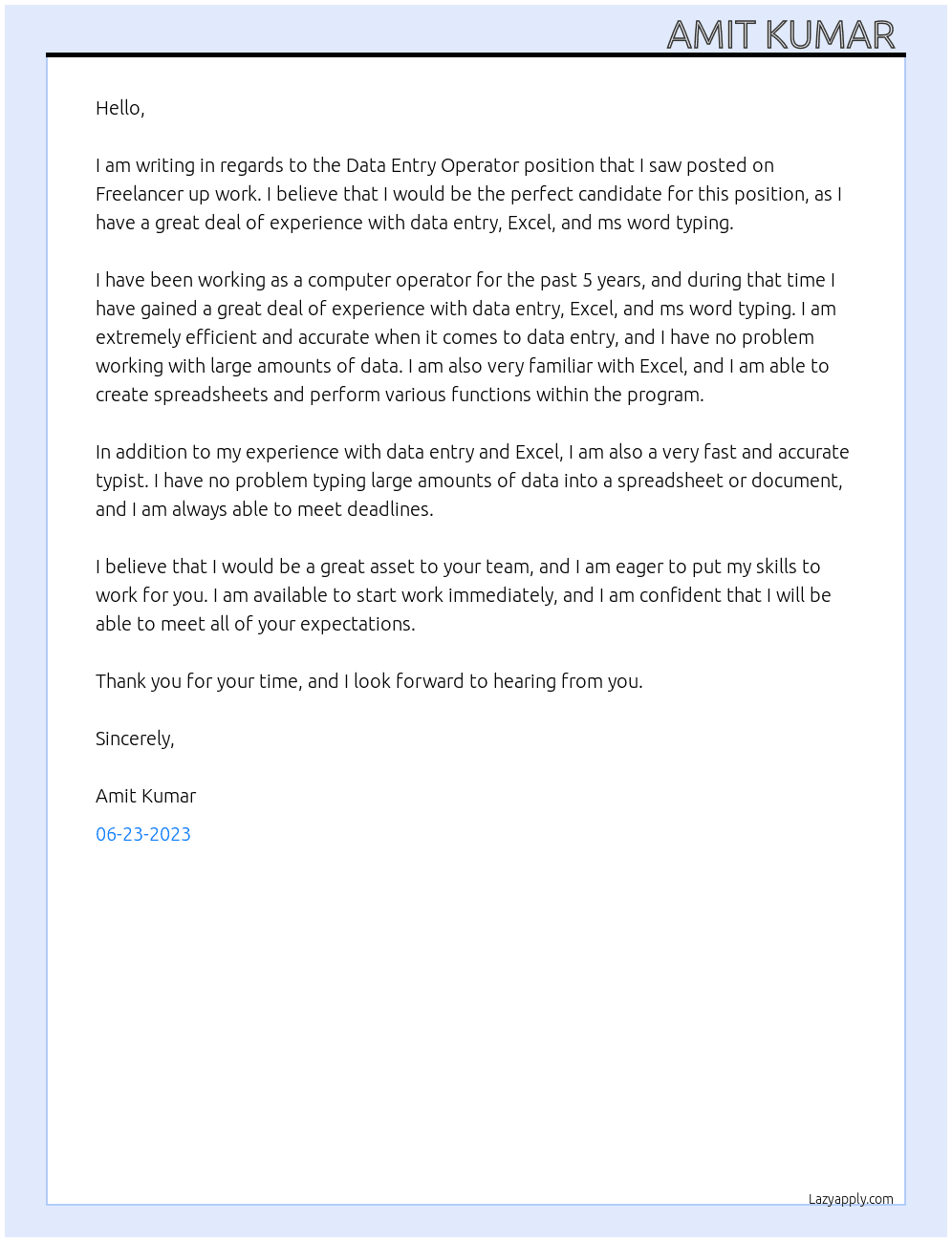 Data entry operator  At Freelancer up work  Cover Letter