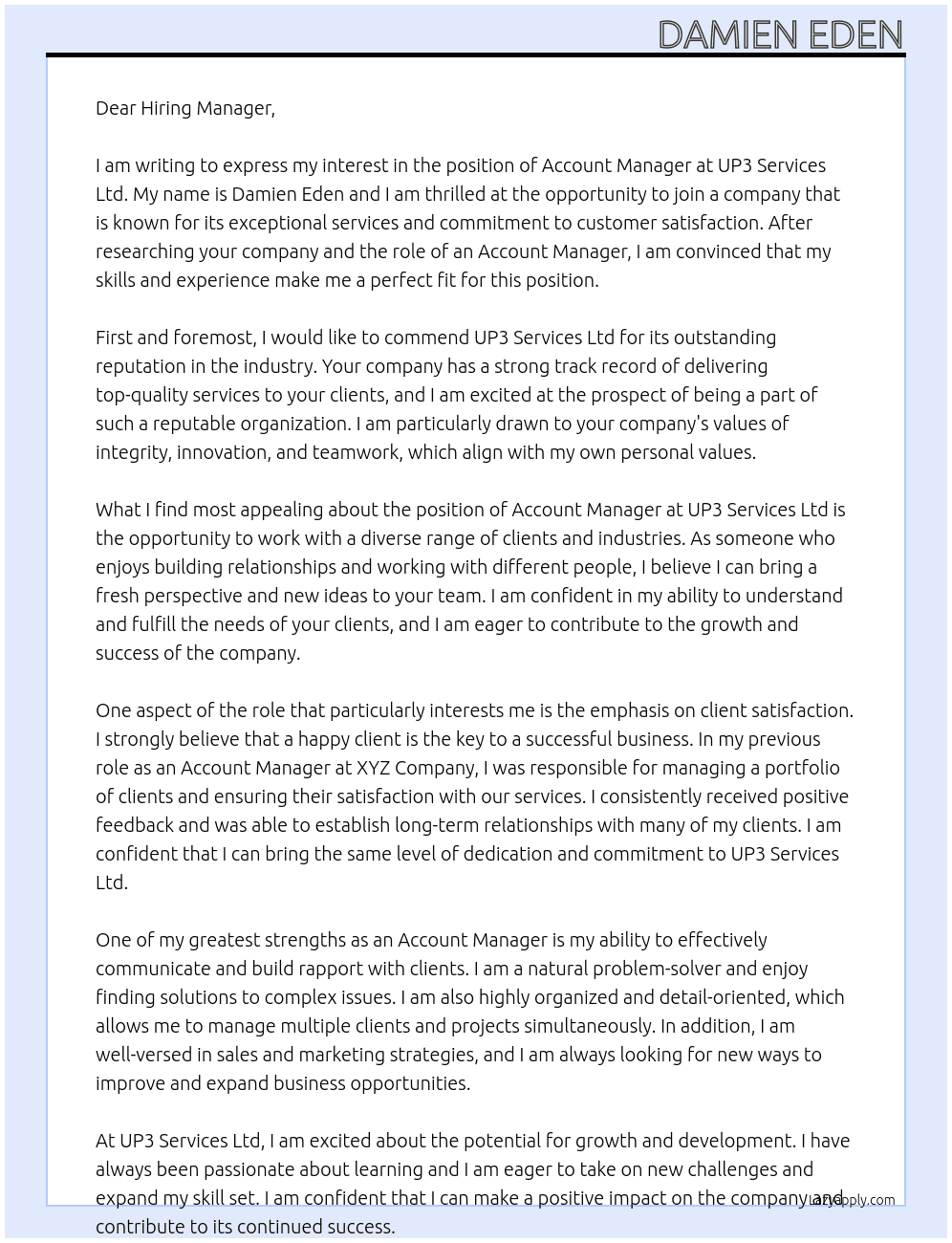Account Manager At UP3 Services Ltd Cover Letter