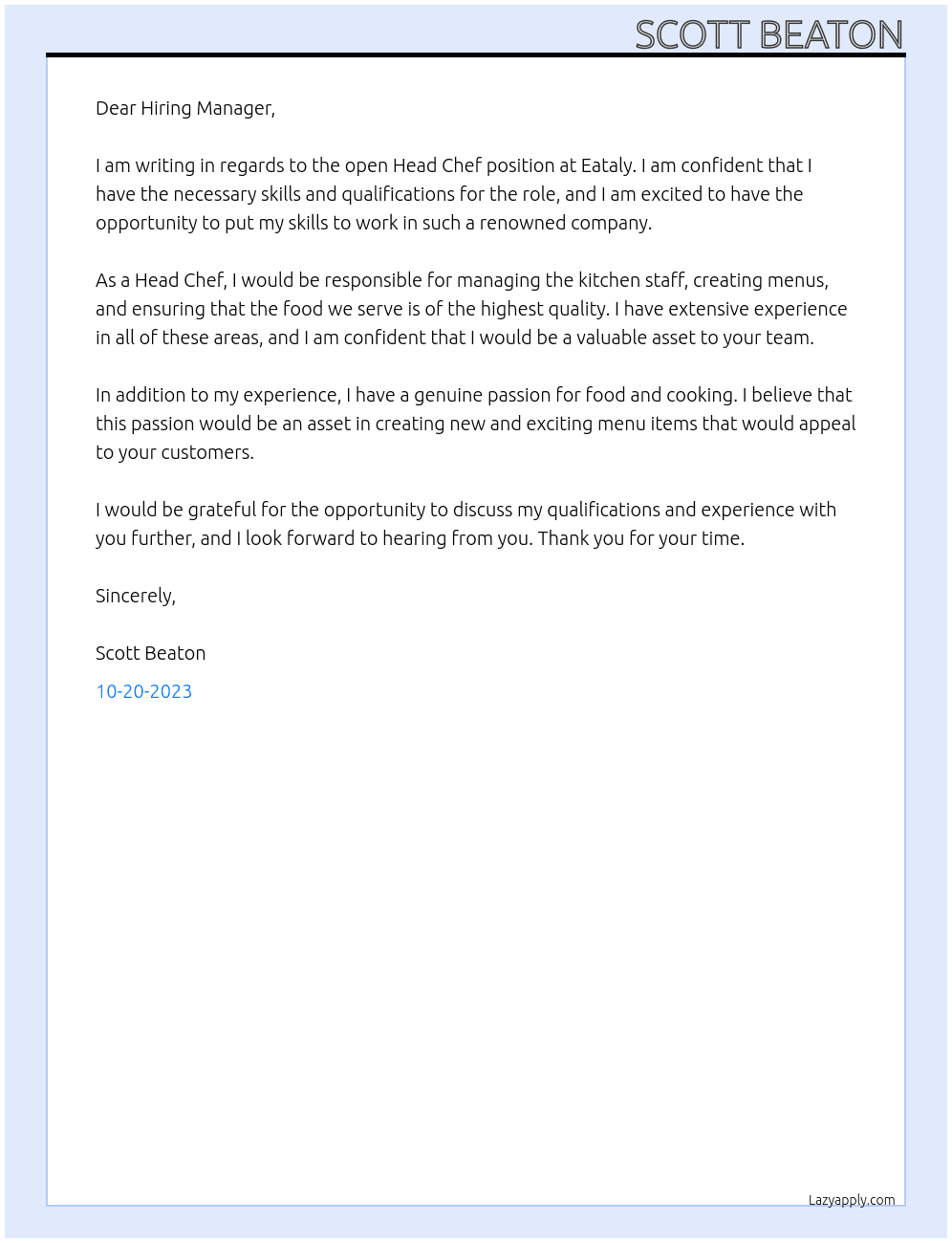 Head Chef At Eataly Cover Letter