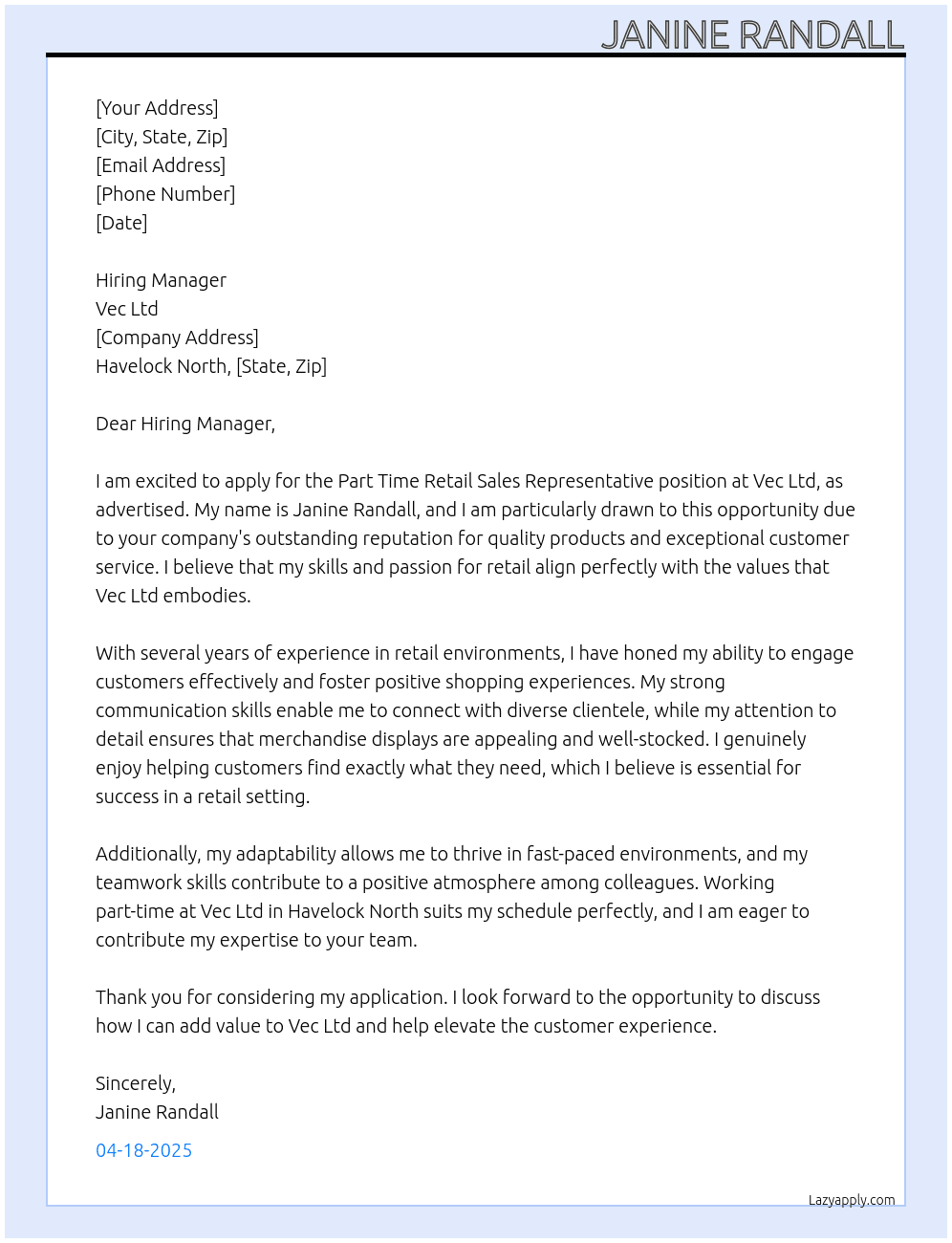 Part Time Retail Sales Representative  At Vec ltd  Cover Letter