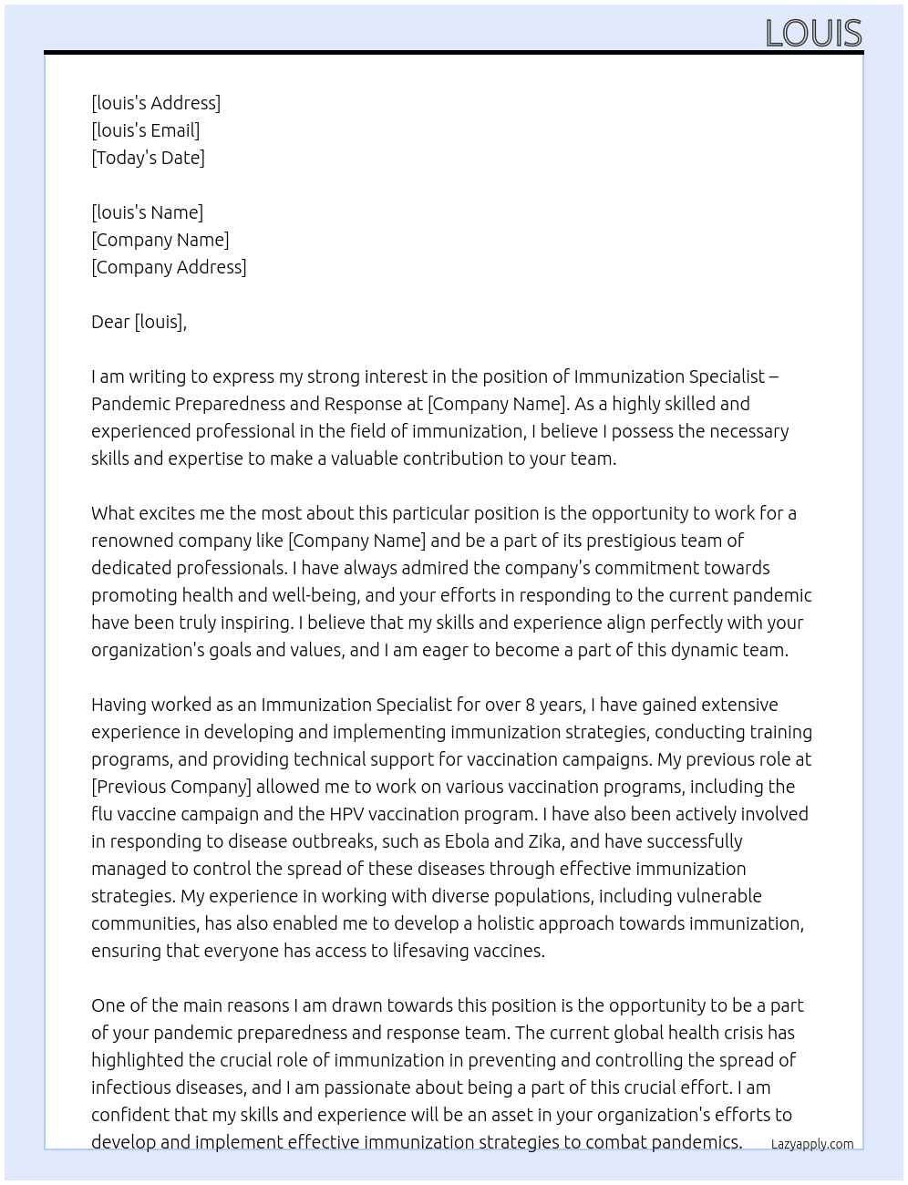 Immunization Specialist – Pandemic Preparedness and Response At louis Cover Letter