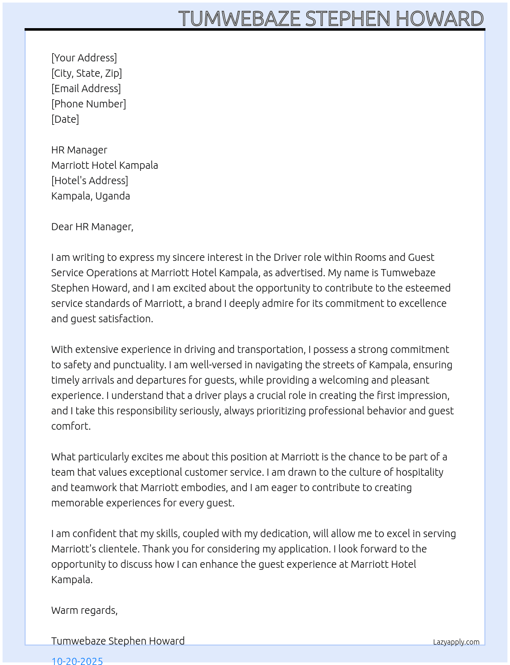 Rooms and Guest Service Operations  At Marriott Hotel Kampala  Cover Letter