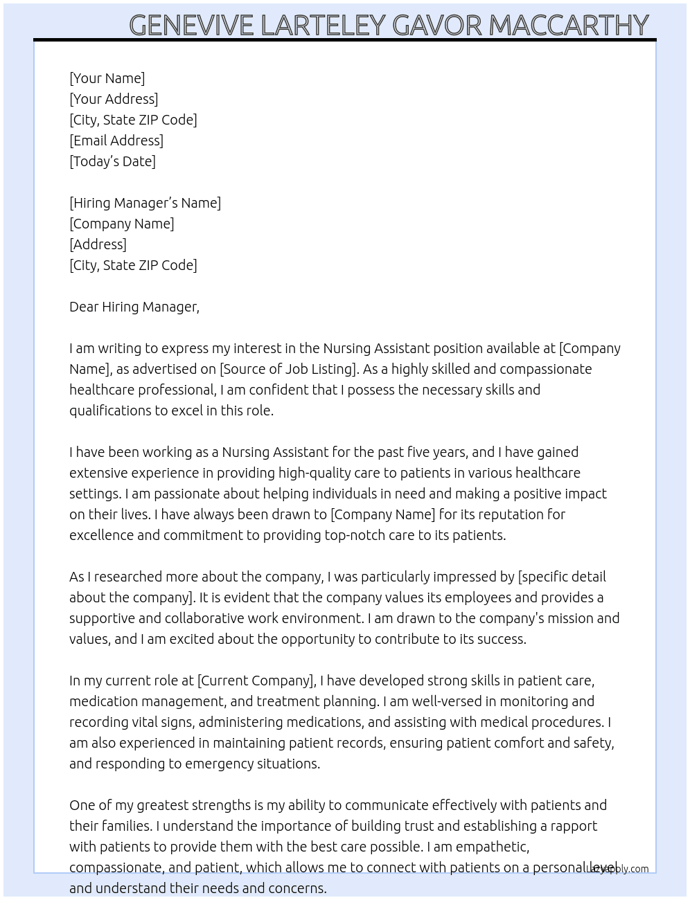 Nursing Assistant  At Hiring manager  Cover Letter