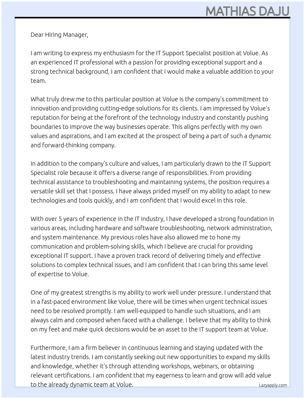 IT Support Specialist At Volue Cover Letter