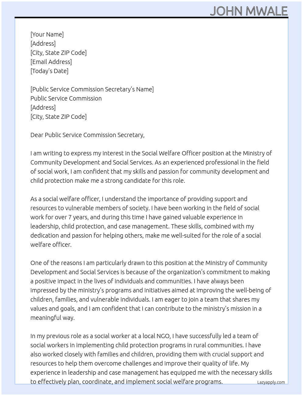 Social welfare officer At Ministry of Community Development and Social Services Cover Letter