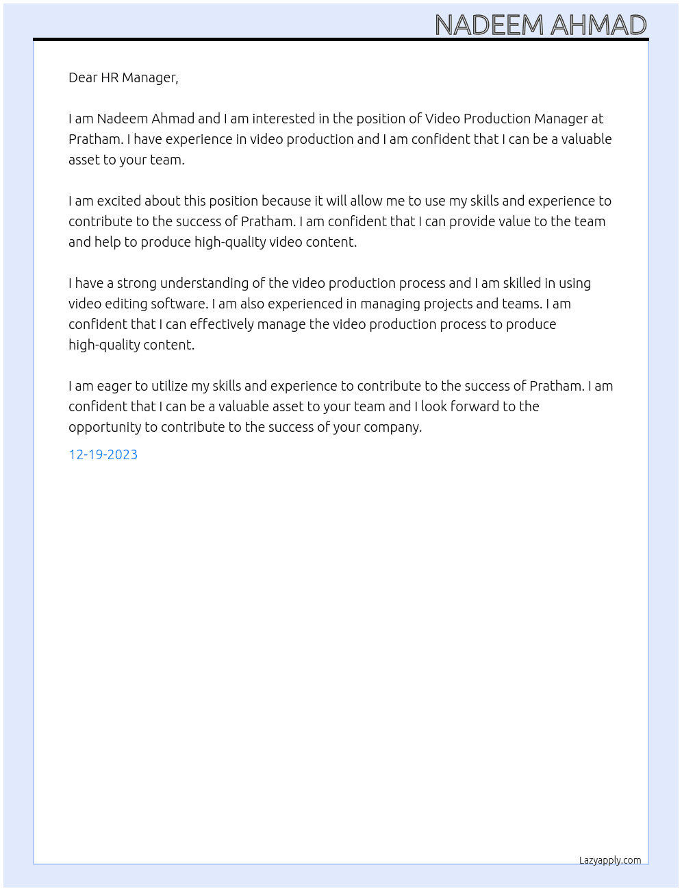Video Production Manager At Pratham Cover Letter