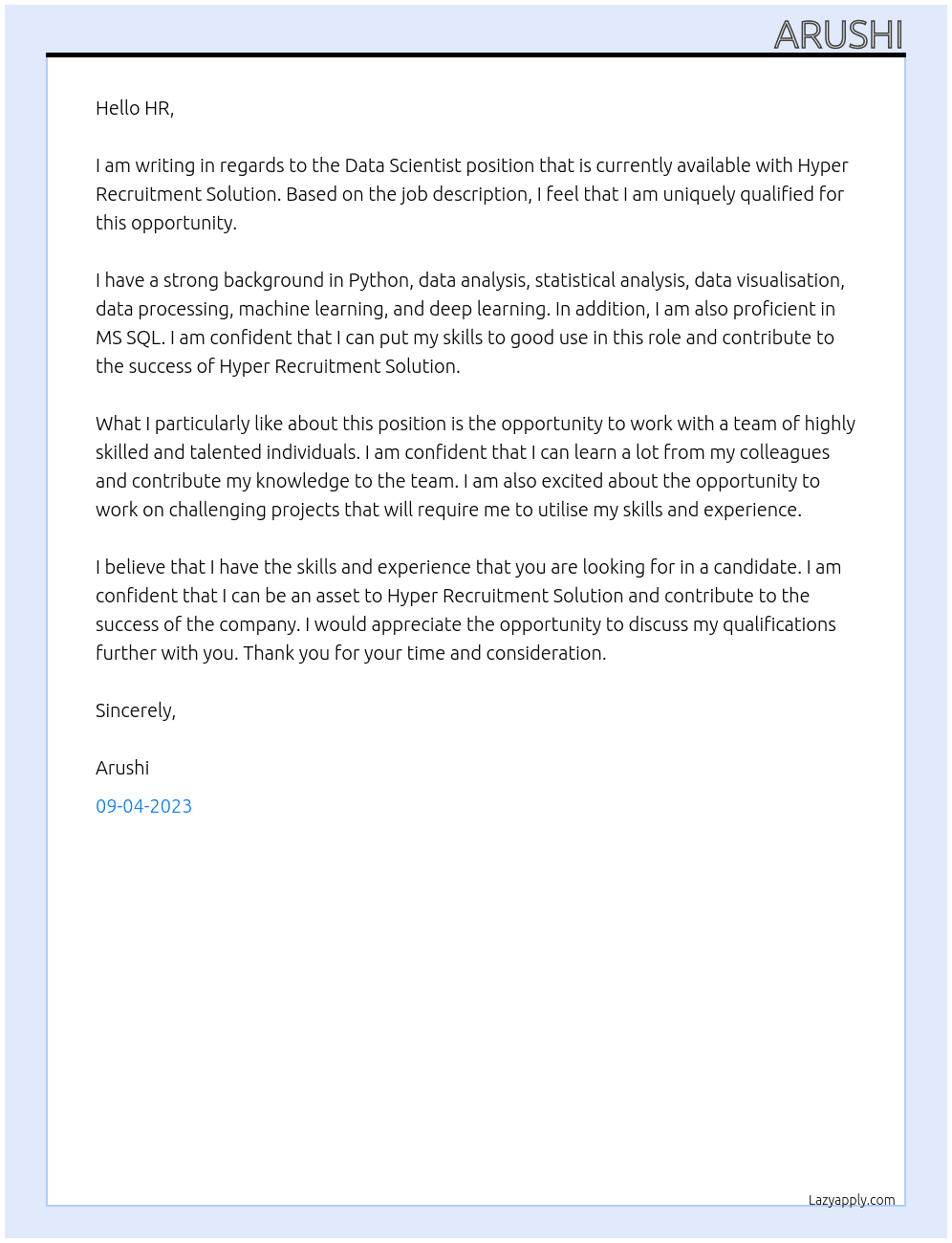 Data Scientist At Hyper Recruitment Solution Cover Letter