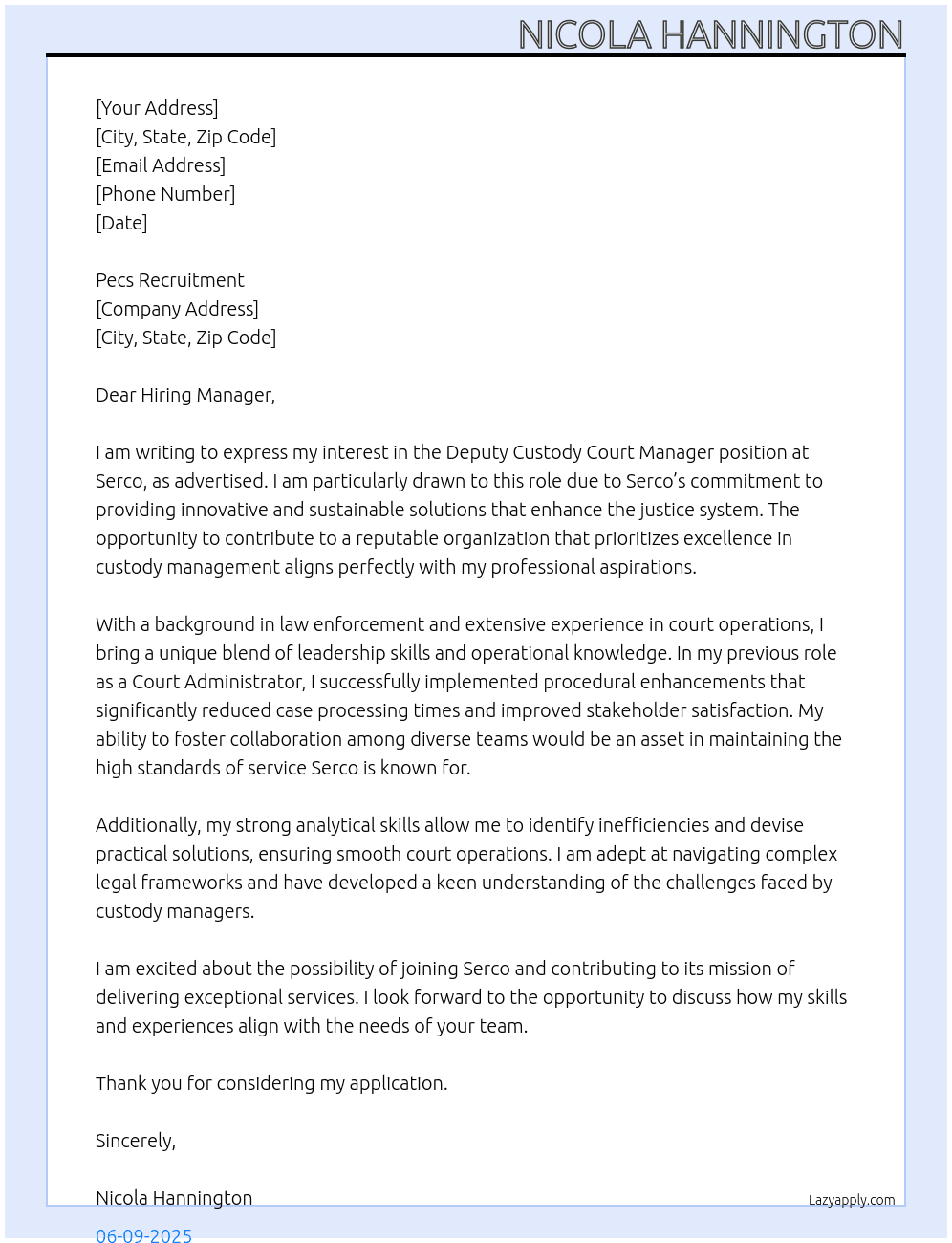 Deputy Custody Court Manager At Serco Cover Letter