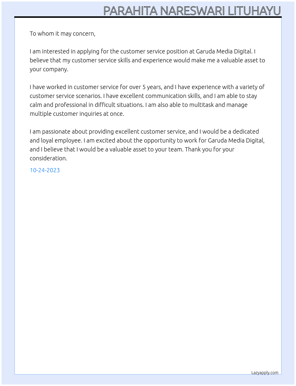 Customer Service  At Garuda Media Digital  Cover Letter
