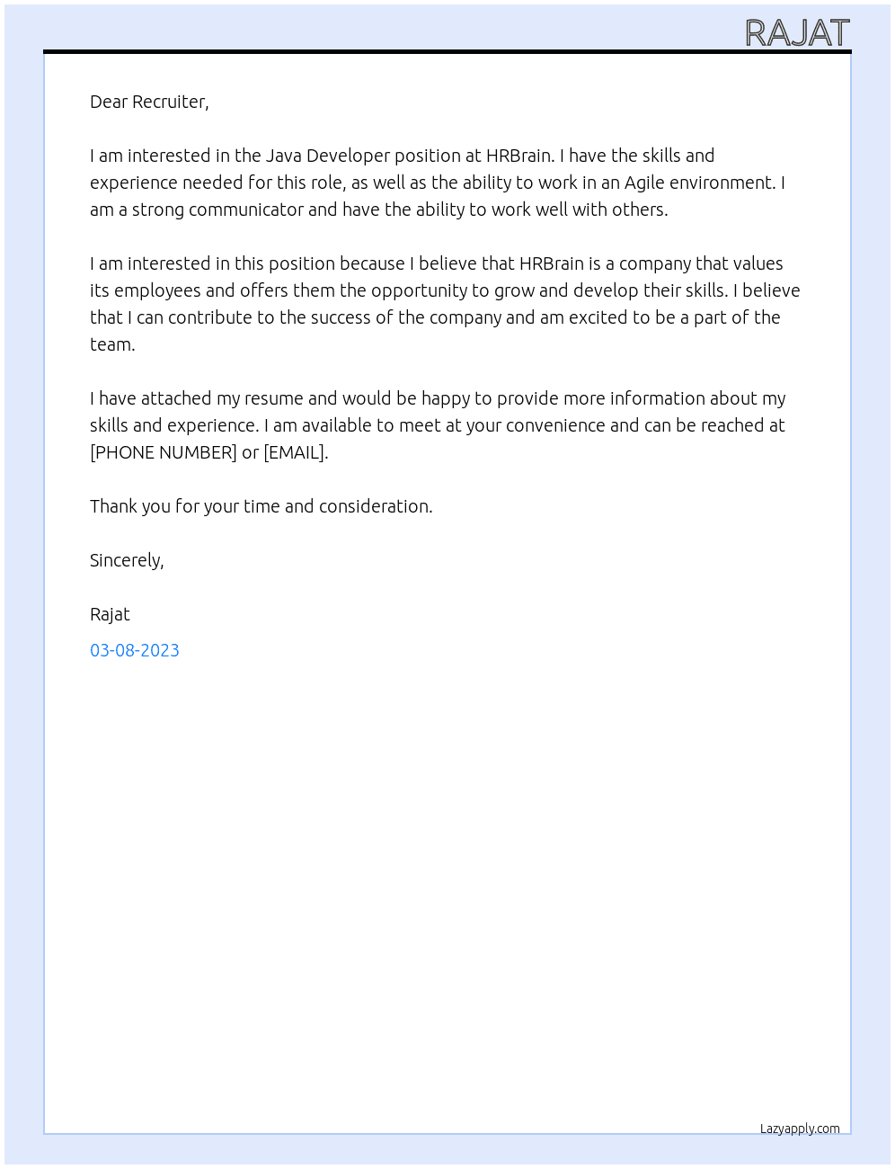 Java Developer At HRBrain Cover Letter