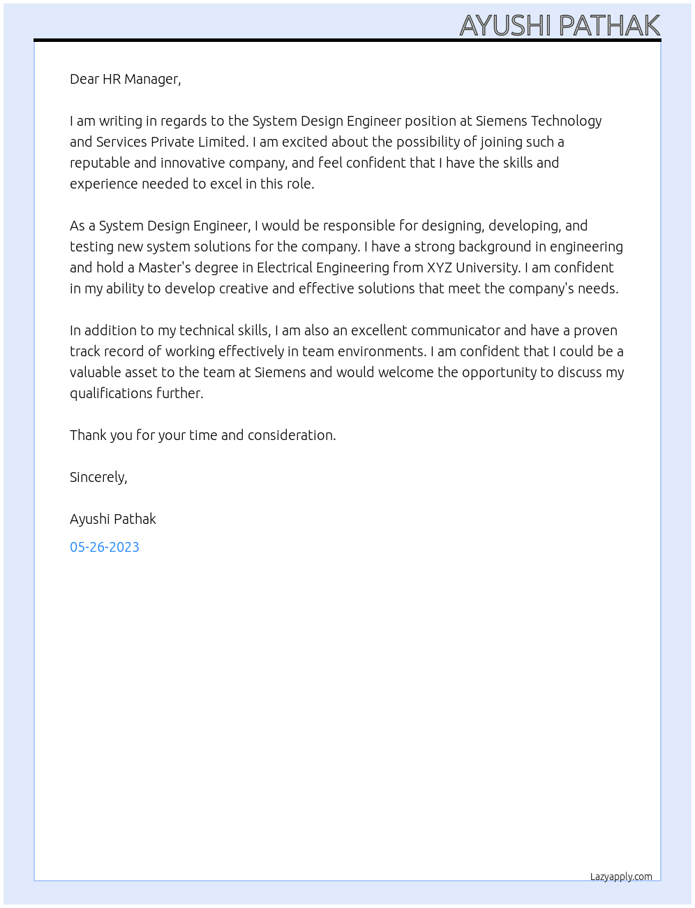 System Design Engineer At Siemens Technology and Services Private Limited Cover Letter