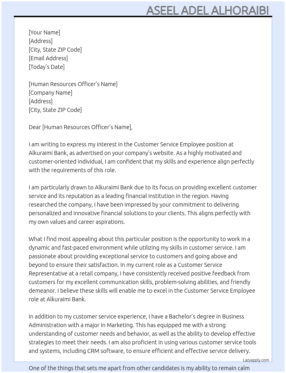 Customer service employee At Alkuraimi Bank Cover Letter