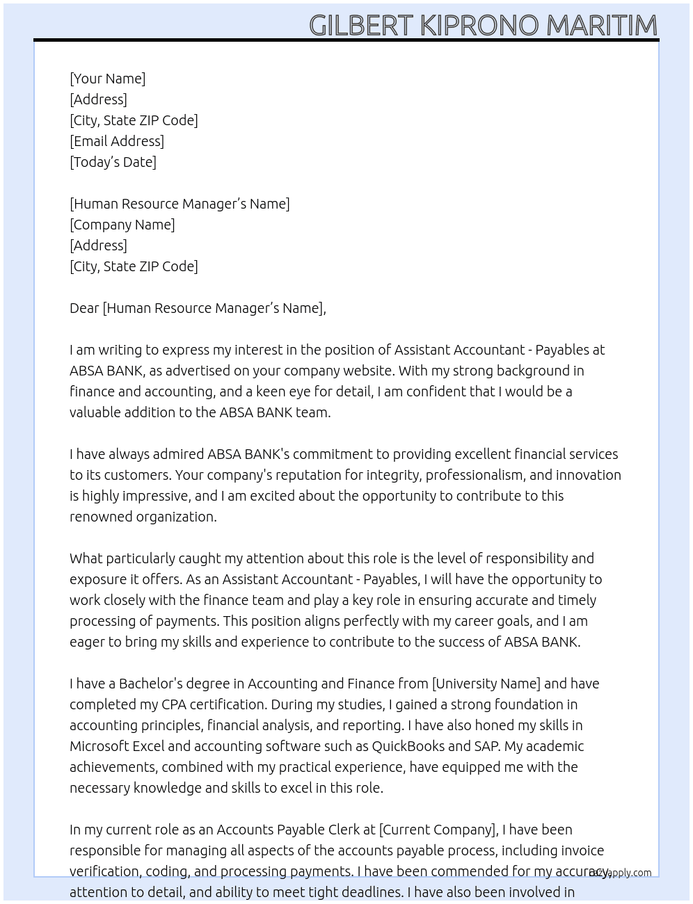 Assistant Accountant – Payables At ABSA BANK Cover Letter
