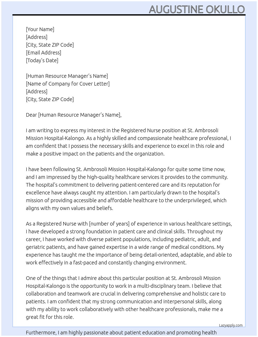 Registered Nurse At St.Ambrosoli mission Hospital-Kalongo Cover Letter